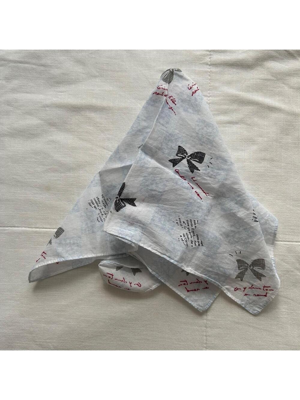 Pale Blue Bandana Black Bow Print Red Script Typography Scarf
